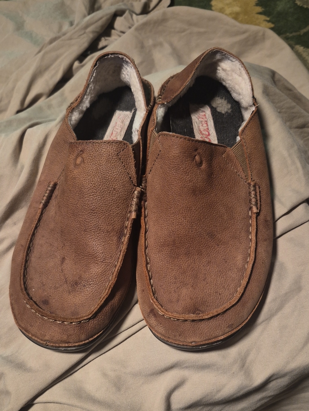 OluKai Men's Brown Leather Slip-On Loafers